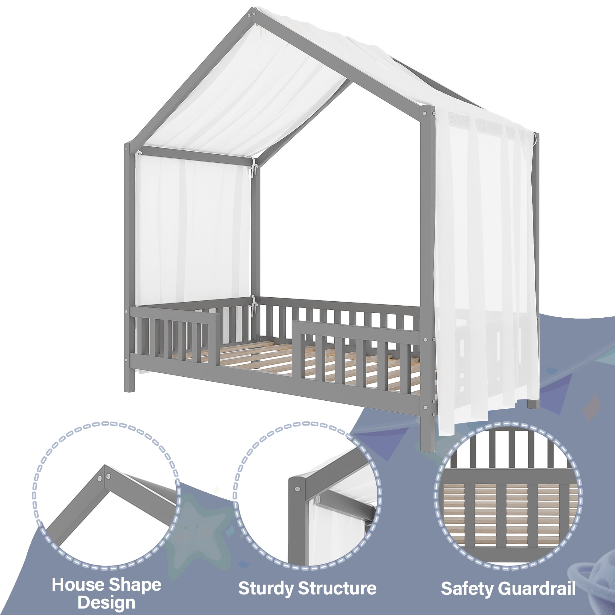 Euroco House Floor Bed with High Railings, Twin Size Kids' Bed with Canopy, Grey