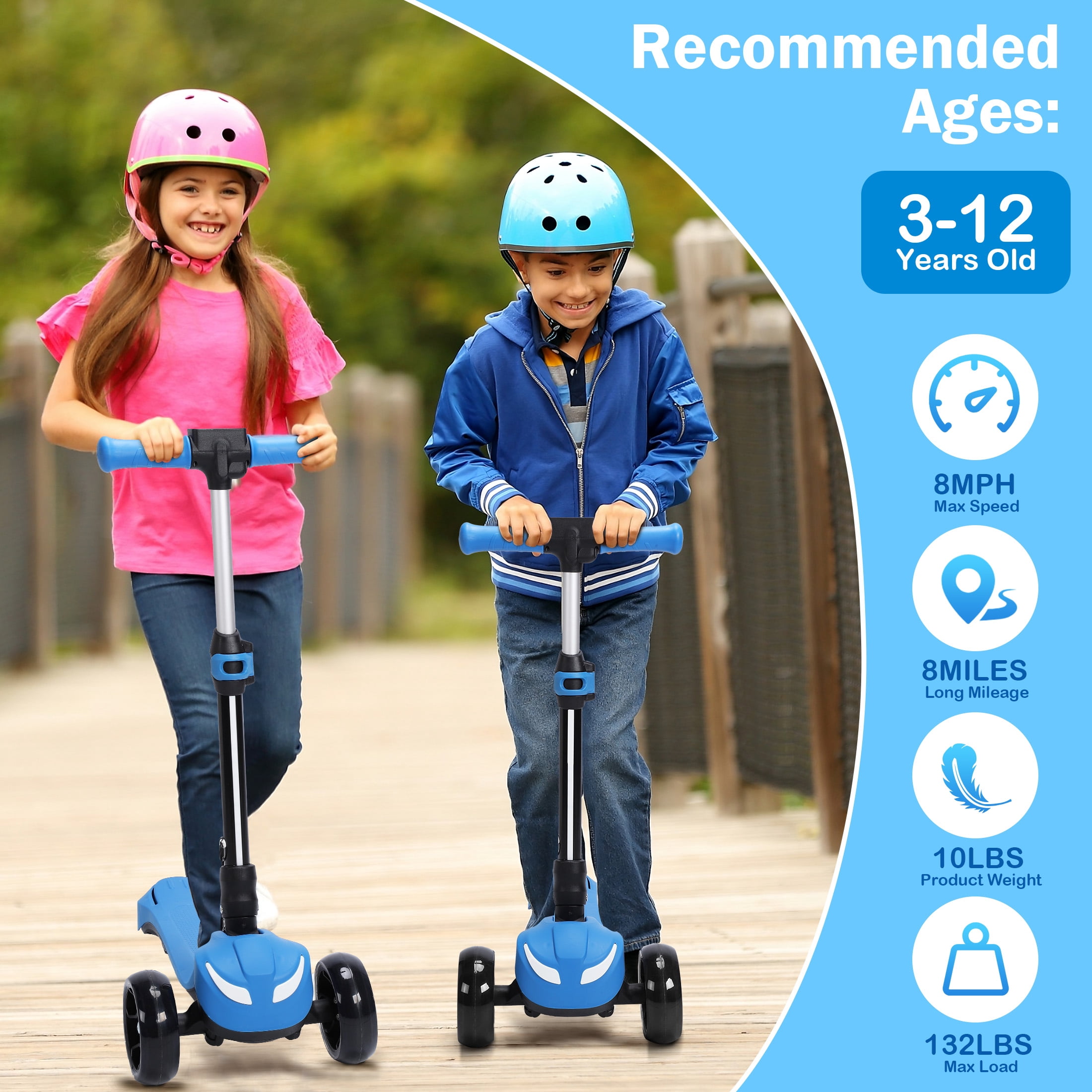 Skyhot Electric Scooter for Kids w/LCD Screen, 21V Battery & Powerful Motor, Premium Front Light and Wheel Lights/3 Adjustable Heights Scooter for Kid 4-8 Years, Thumb Throttle, Blue