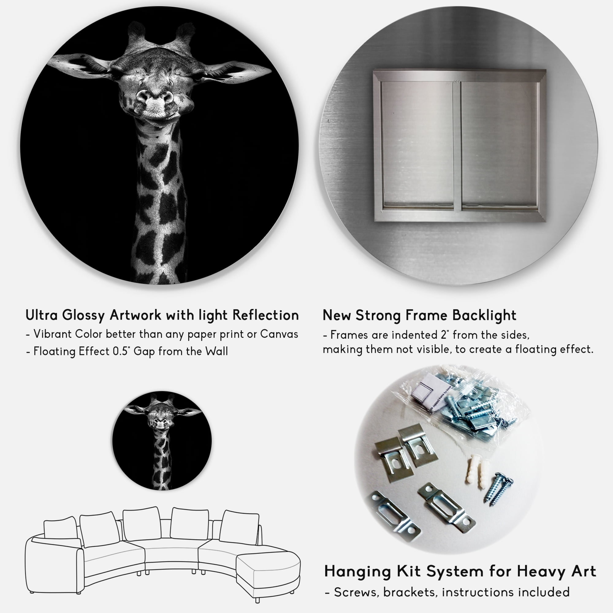 Designart 'Portrait Of A Giraffe In Monochrome' Farmhouse Circle Metal Wall Art 29x29 - Disc of 29