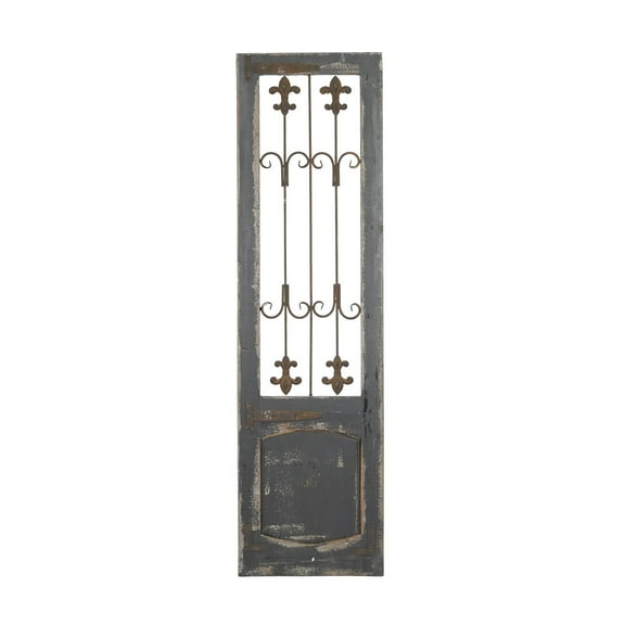 DecMode Brown Wood Distressed Door Inspired Ornamental Scroll Wall Decor with Metal Wire Details