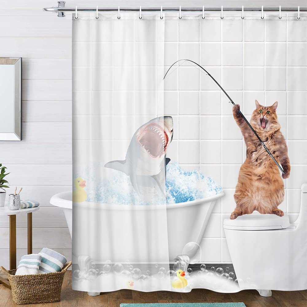 Sonernt Funny Cat Shower Curtain Cute Whimsical Kids Shower Curtain Set