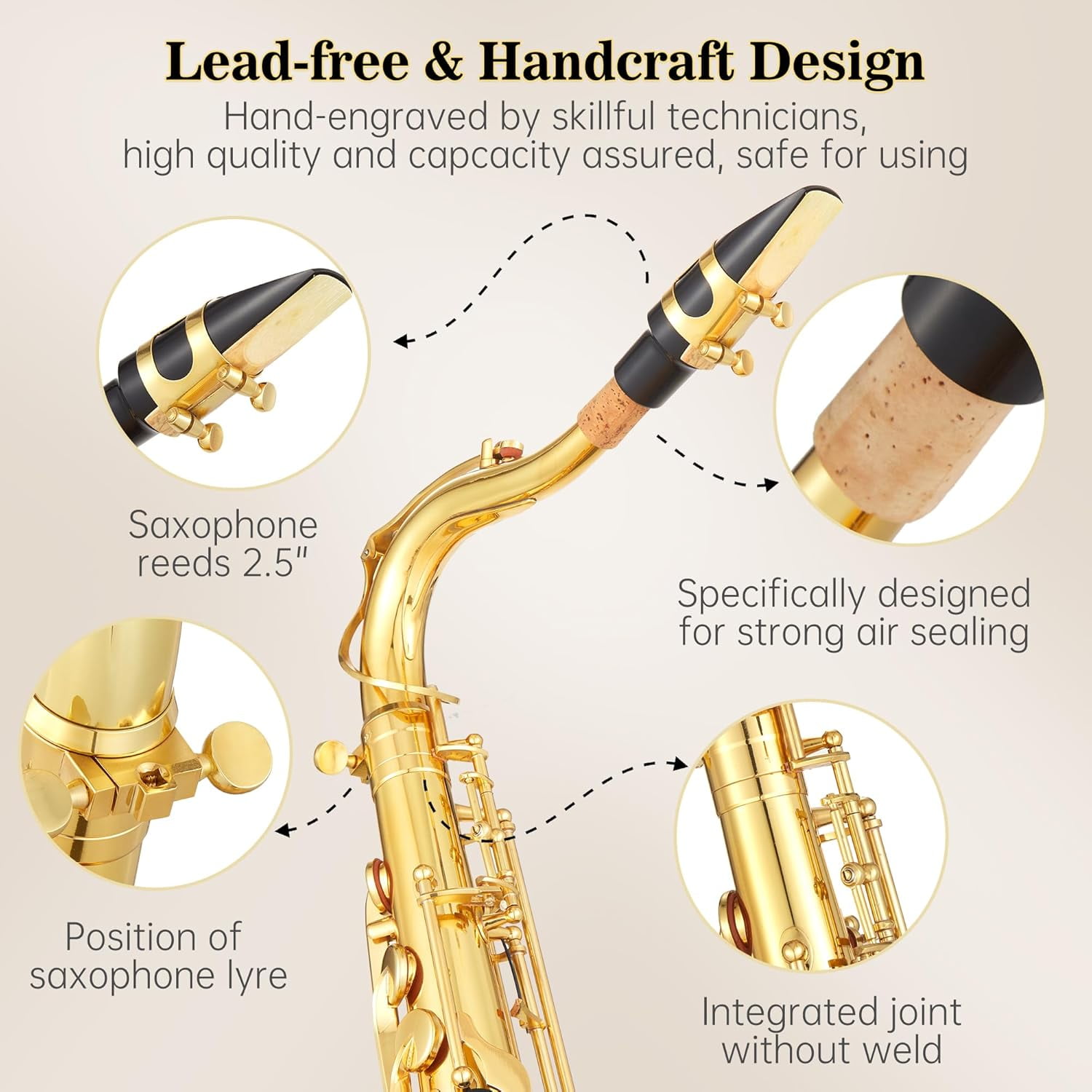 B-Flat Tenor Saxophone with Mouthpiece, Case, Cleaning Cloth, Gloves & Cleaning Rod, Professional Tenor Sax Musical Instrument