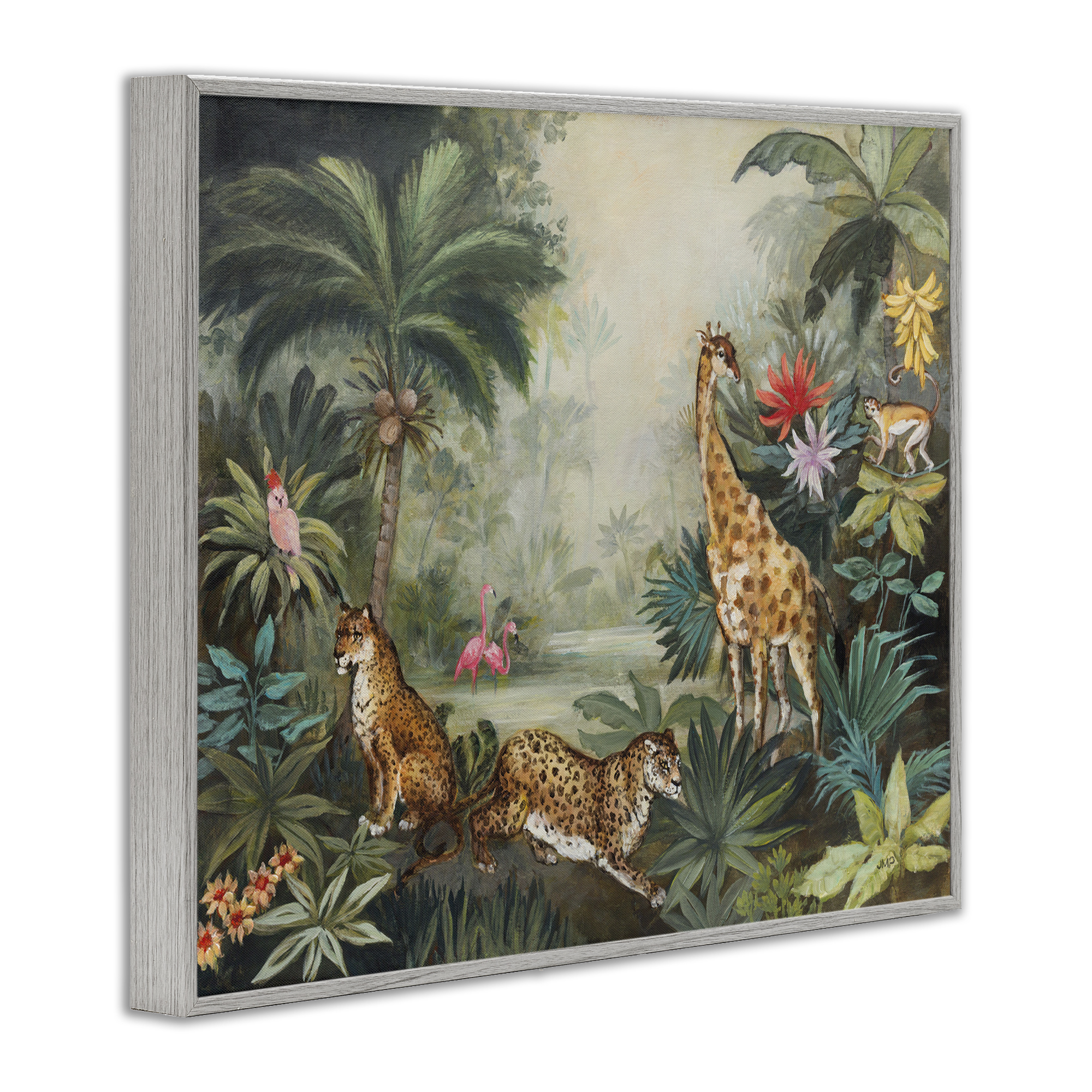 Stupell Industries Tropical Animals in Jungle Landscape Painting Gray Framed Art Print Wall Art, 14 x 11