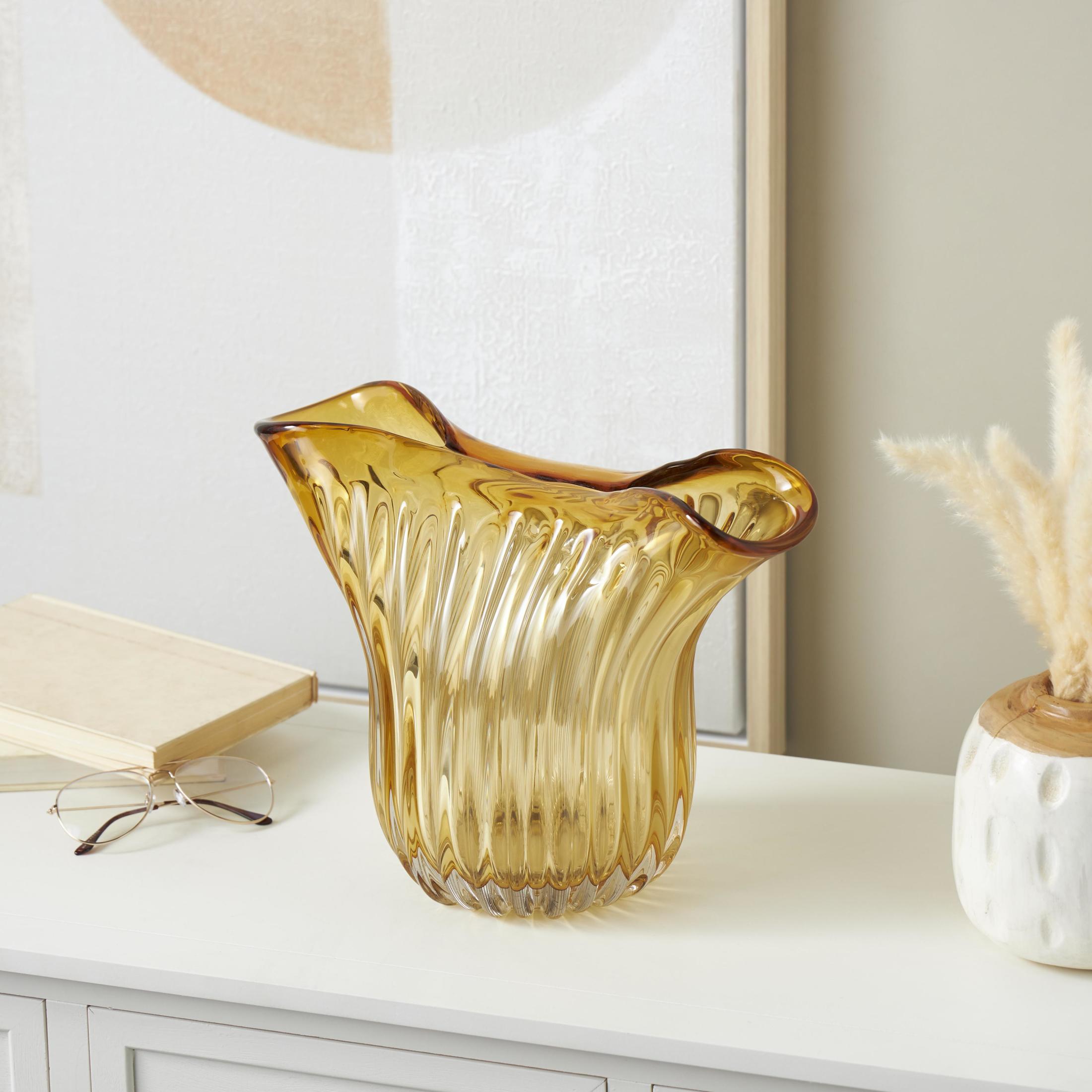 DecMode 7" Oval Ribbed Ombre Abstract Orange Glass Decorative Bowl with Folded Curve Opening