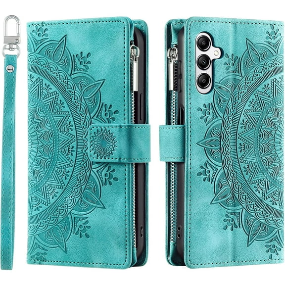 Galaxy S24 Plus Case Wallet for Women, Zipper Card Holder Mandala Embosssed PU Leather Wrist Strap Book Folio Flip Cover Compatible with Samsung Galaxy S24  Plus 6.7" (Mint Green)