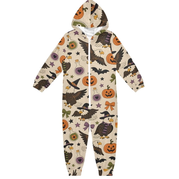 Halloween Owl Boys & Girls Hooded One-Piece Pajamas Warm Crystal velvet Hooded Long Sleeve Loungewear Jumpsuit Unisex