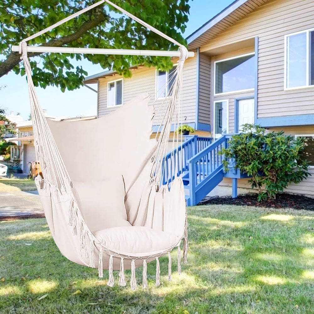 Macrame Hammock Chair Hanging Swing Chair Cotton Rope Garden Yard Relaxing Beige 
