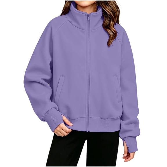 Fesfesfes Girls Full Zip Stand Collar Fleece Jacket with Pockets and Thumbholes, Casual Solid Color Top for Kids School Daily Wear Ages 5-15 Years
