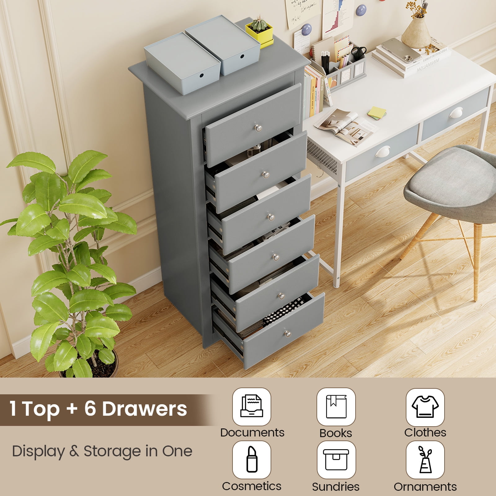 Giantex 6 Dresser Chest, Free Standing Wooden Storage Cabinet, Tall Dresser Clothes Organizer, Grey