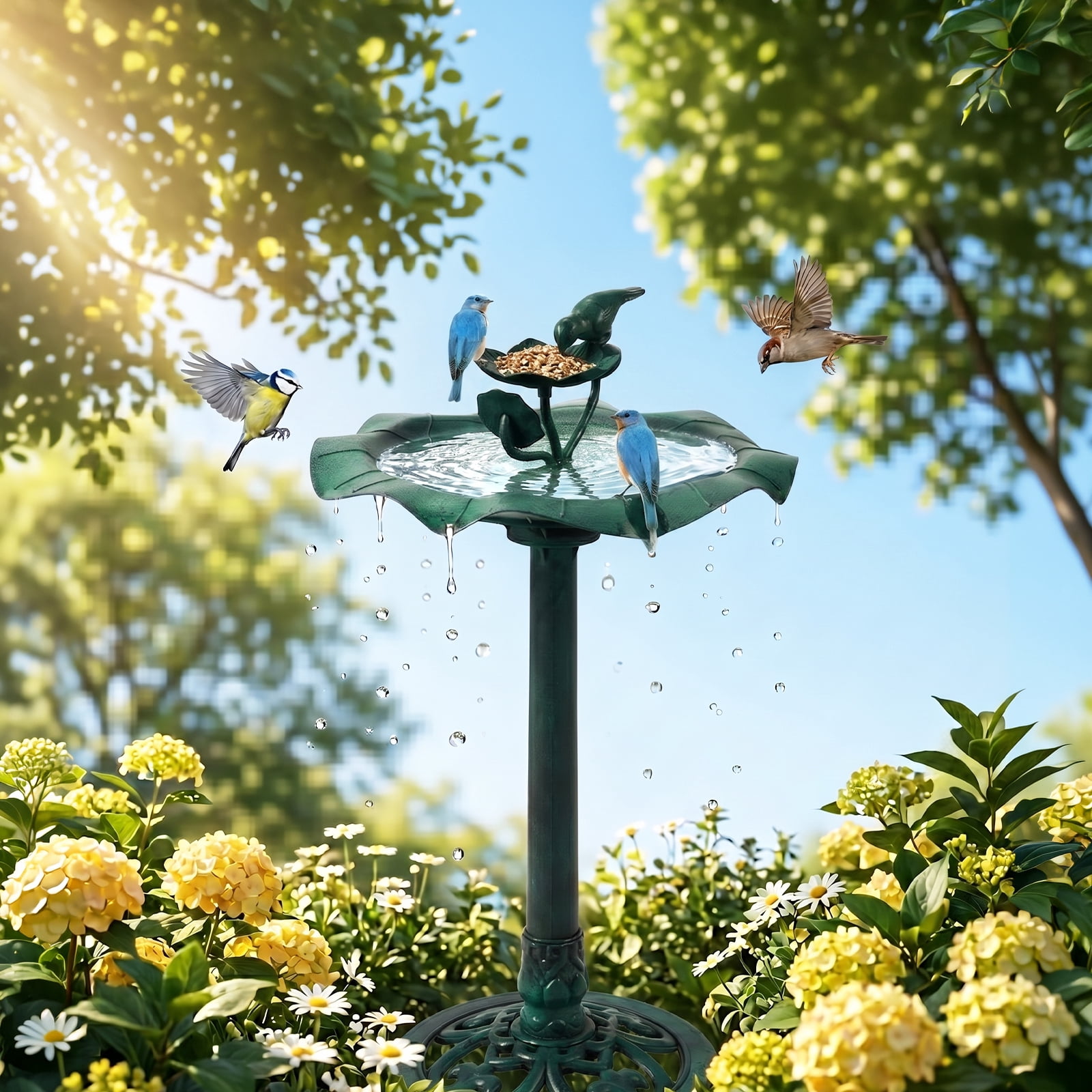 Resin Bird Bath With Lotus Edge & Feeder Tray, 50*50*86cm