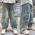 thumbnail image 2 of NOLDARES Baggy Jeans for Men Y2K Streetwear Vintage Wide Leg Loose Fit Denim Pants Skater Carpenter Jeans,Navy,15-16 Y, 2 of 7