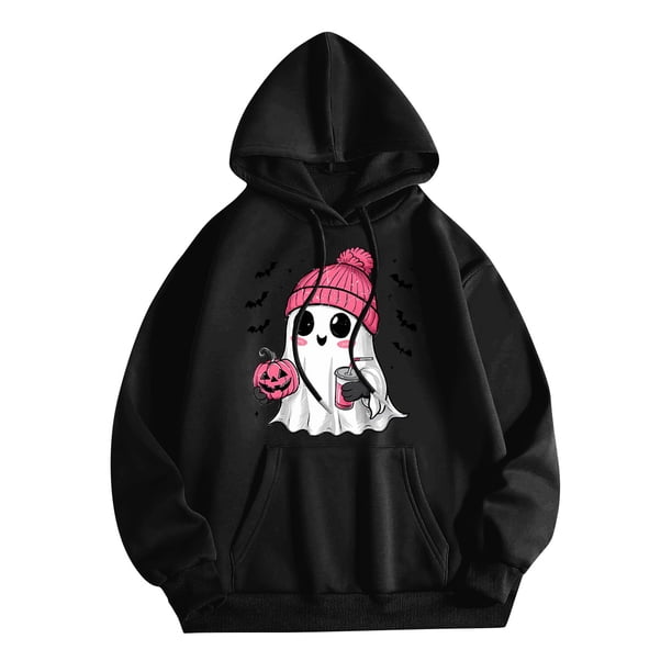 Sudadera con capucha de fantasma de Halloween para mujeres y hombres, linda sudadera con capucha de fantasma con diseño de calabaza y taza de café, roja