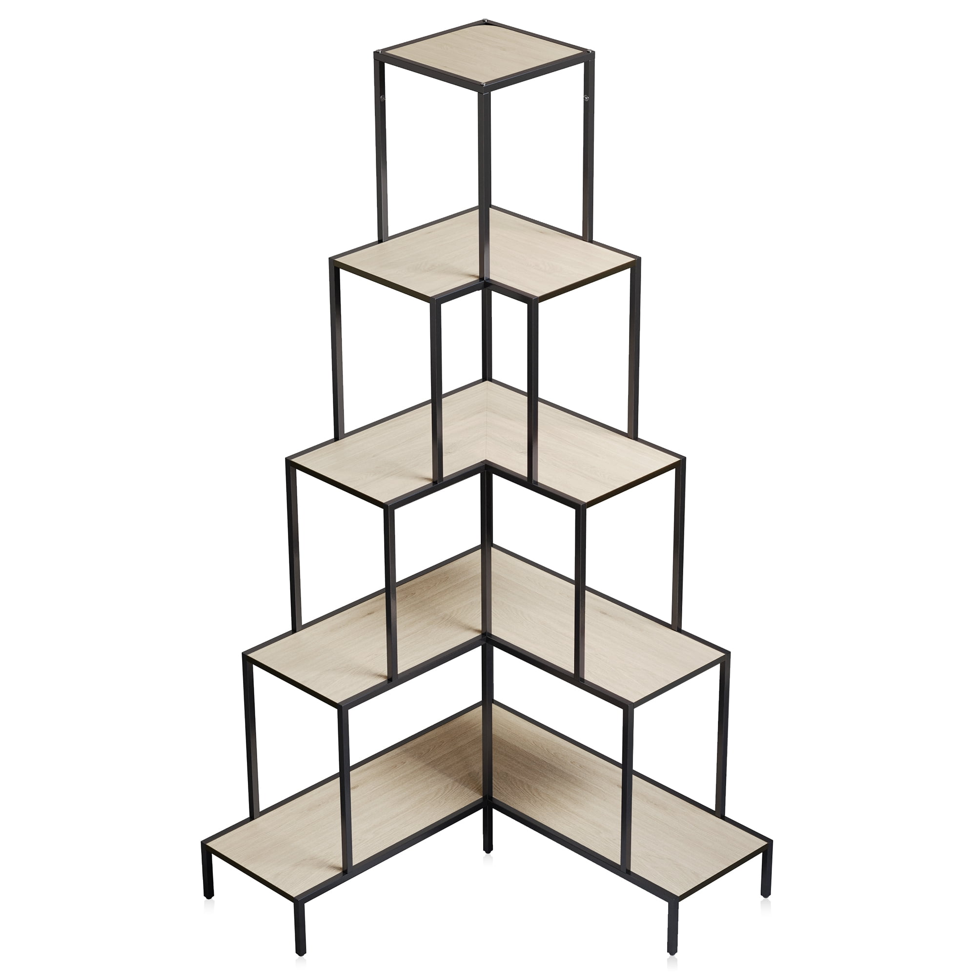 BELLEZE 5-Tier Corner Bookshelf with RGB Light, Remote Control Multiple Lighting Modes and Colors, 66" Tall L-Shaped Bookcase, Storage & Display Rack for Living Room, Courtyard and Home Office -Nature