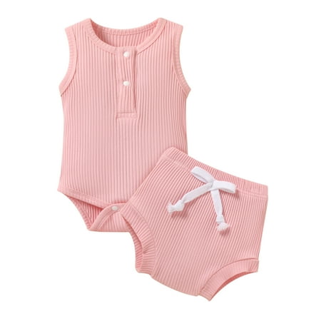 

Baby Girl Summer Outfit Multi-color Ribbed Clothes Basic Solid Sleeveless Tops+Infant Shorts