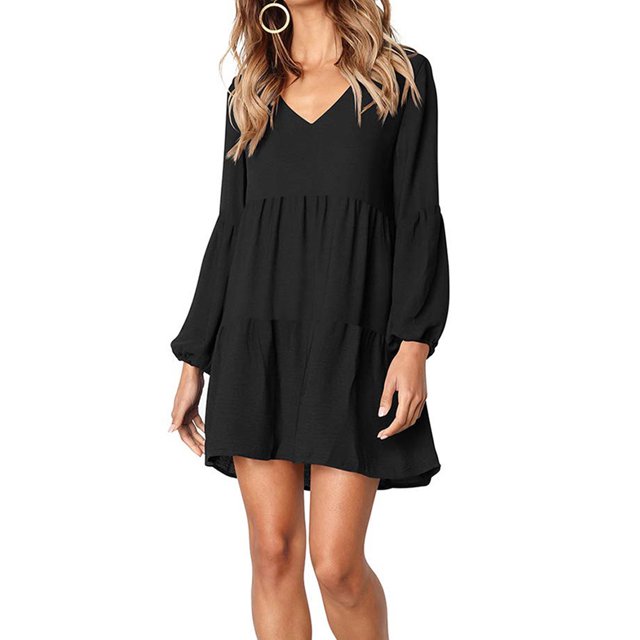 TheFound Robe Femme Couleur Unie Sexy Col en V Manches Longues Plissée une-Pièce