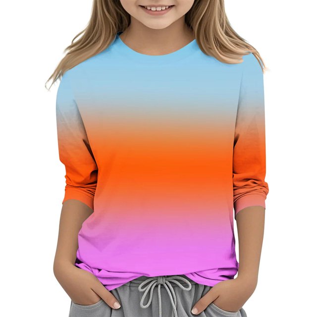 Dealovy Chemises pour Filles Manches 3/4 Couleur Dégradée Printemps Été Ample Décontracté Mignon Col Rond Tuniques