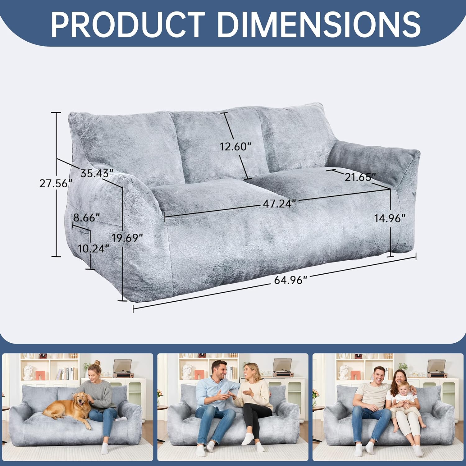 LinkRomat Faux Fur Loveseat, Oversized 2-Seater Sofa with High-Density Foam, for Living Room & Bedroom, No Assembly Required, Light Blue