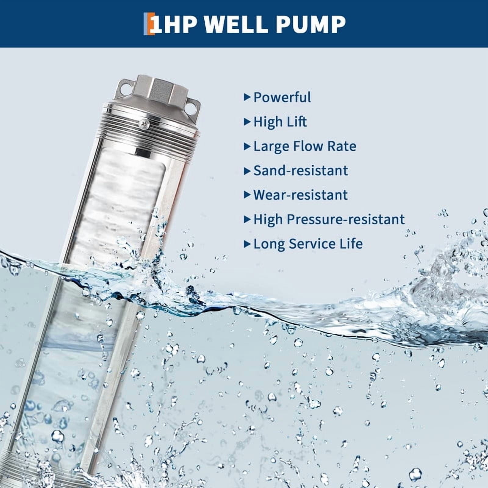 Towallmark 1HP 230V Deep Well Submersible Pump, 27GPM 204ft Head Stainless Steel Water Pump, 4" Well Pump with 33ft Cord Check Valve, IP68 Waterproof for Home Irrigation Industrial Use