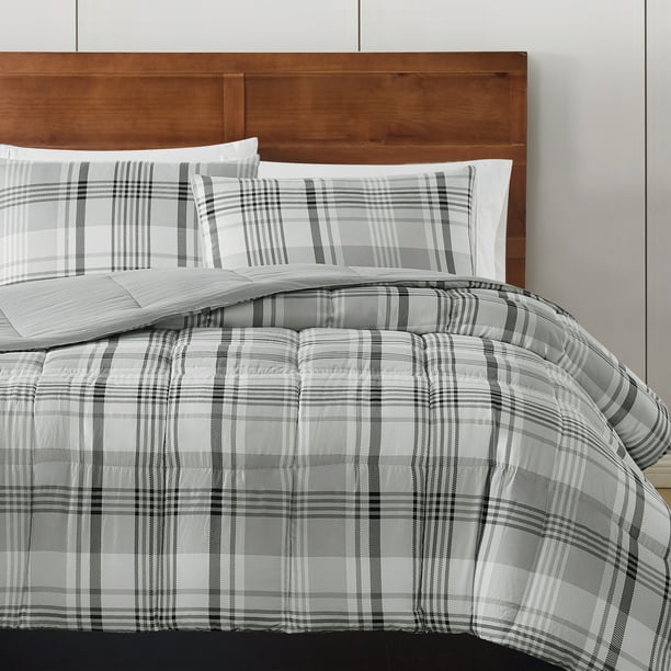 London Fog Supply Black Plaid 3pc Garment Washed Microfiber Comforter