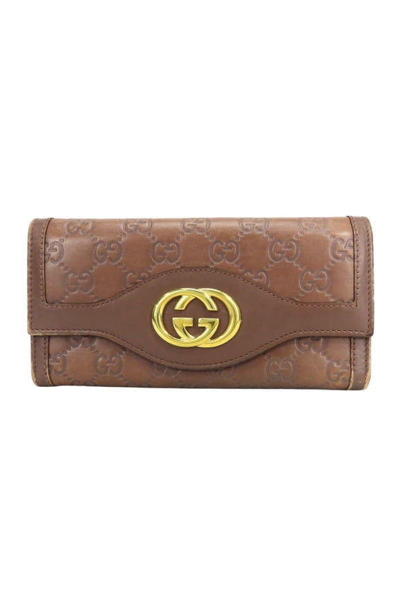 Pre-Owned Gucci Long Wallet Interlocking G 282431 Shima Leather Brown Gold Hardware Bi-fold...