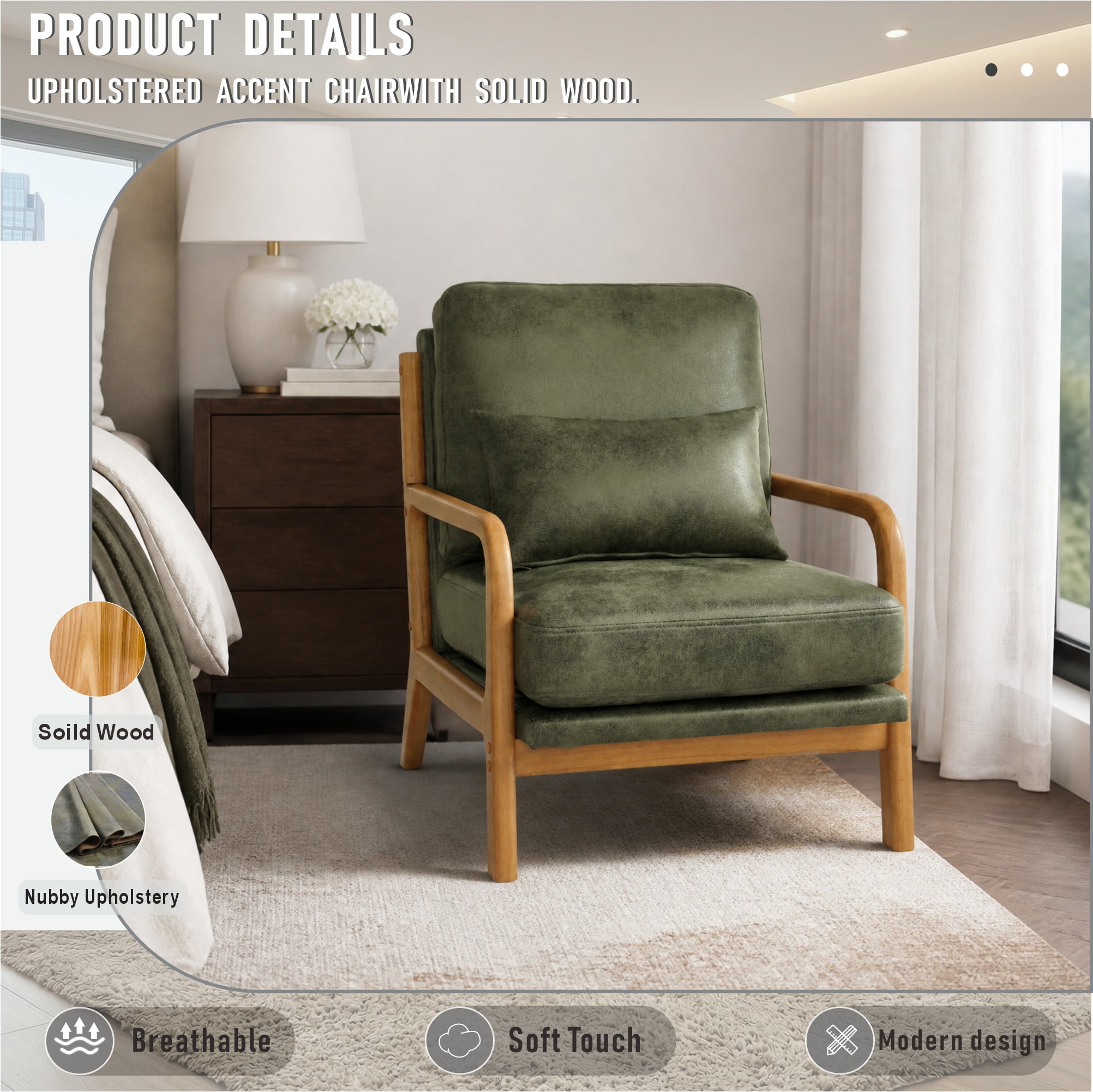 Lounge Chair with Foil Fabric and Solid Wood Frame, Modern Accent Armchair and Curved Seating for Living Room Bedroom, Olive Green