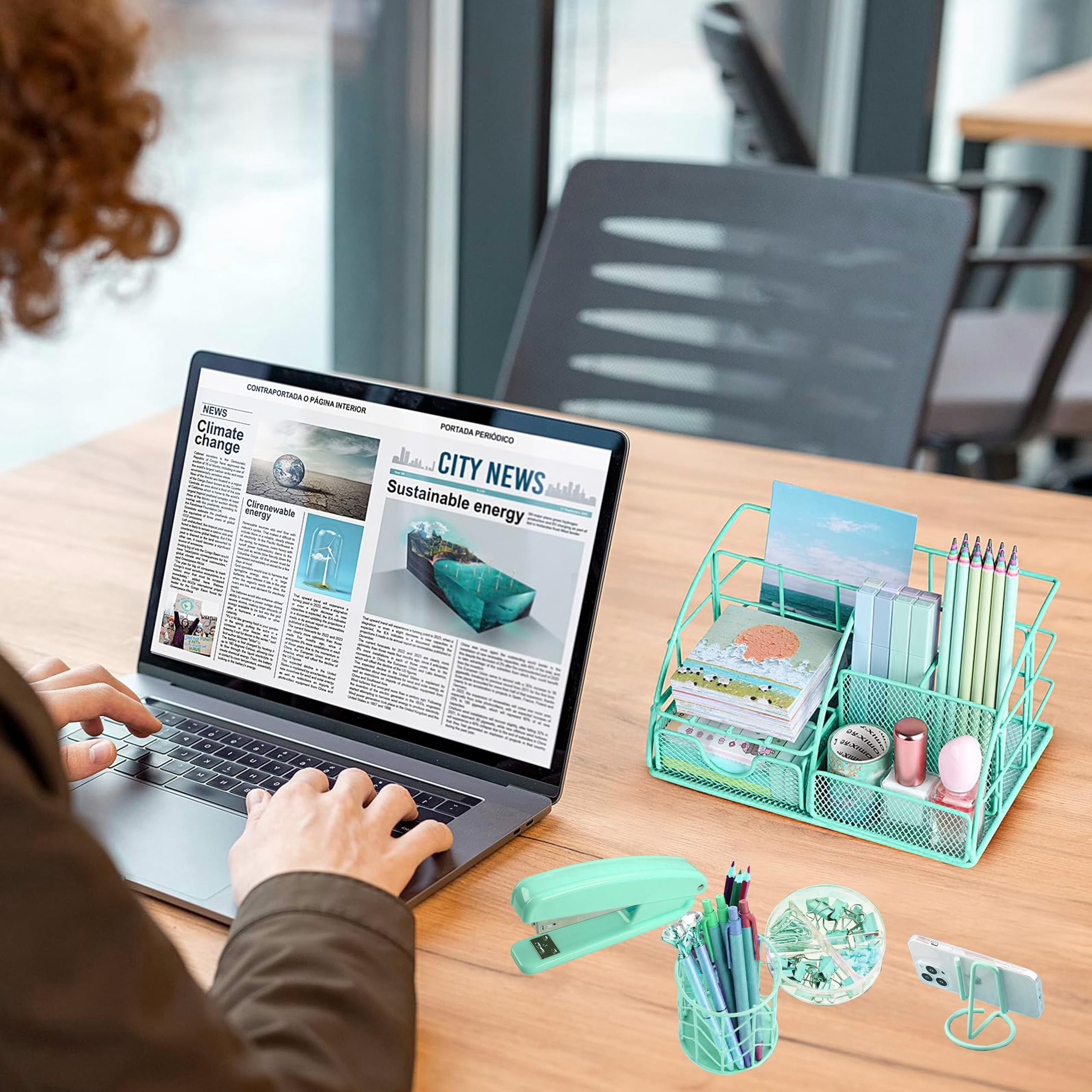 Green Desk Organizers And Accessories Office Supplies Set Stapler  Pen Holder Phone Ruler 30 Paper Clips 22 Binder Clip 20 Tacks 1000pcs Staples