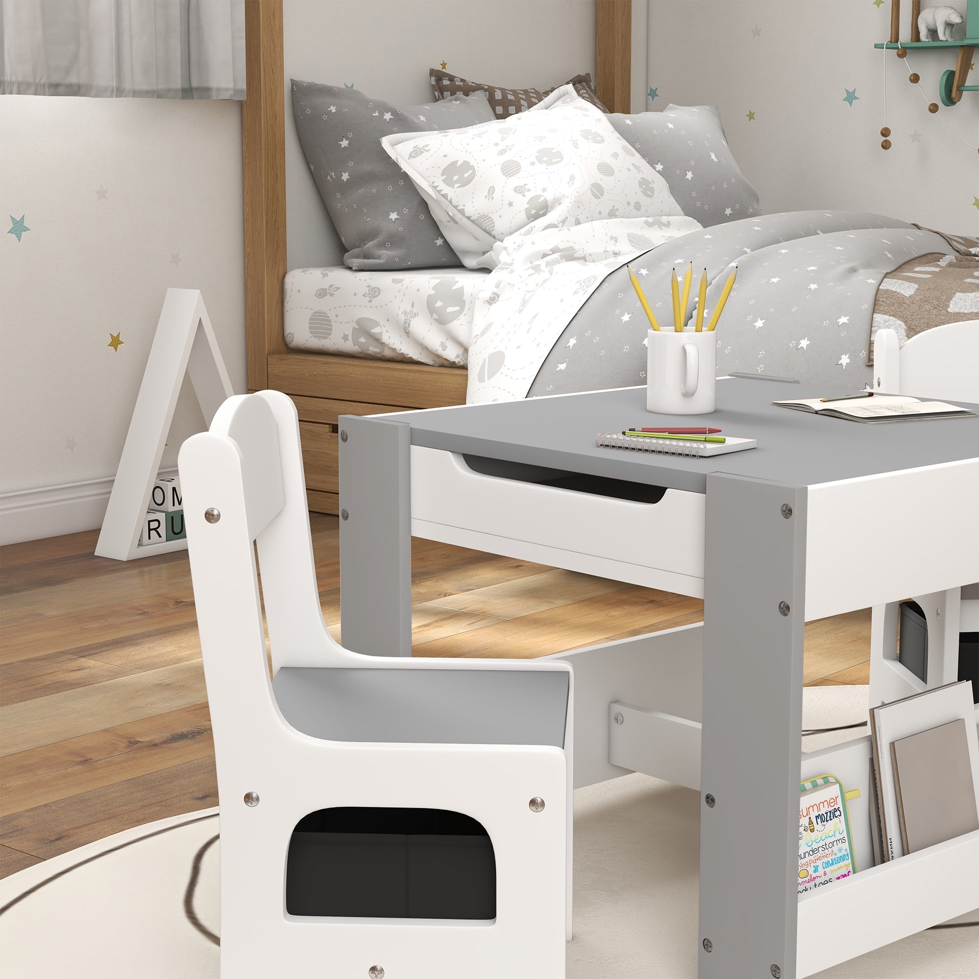 Cribs Qaba 3 Piece Table and Chair Set, 2 in 1 Toddler Table and Chair Set with Reversible Tabletop Blackboard, Storage & Bookshelves for Playroom, Nursery, Gray,Youth Desk and Chair Set