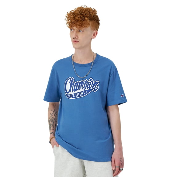 Champion Men's Short-Sleeve Midweight T-Shirt, Tailwind Script Logo (Blue, Small, S)