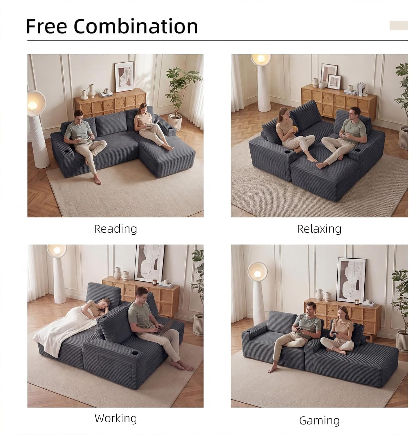 104" Cloud Modular Sectional Sofa, Corduroy Boneless L-Shape Chaise Couch with Deep Seat for Living Room Bedroom, No Assembly Required