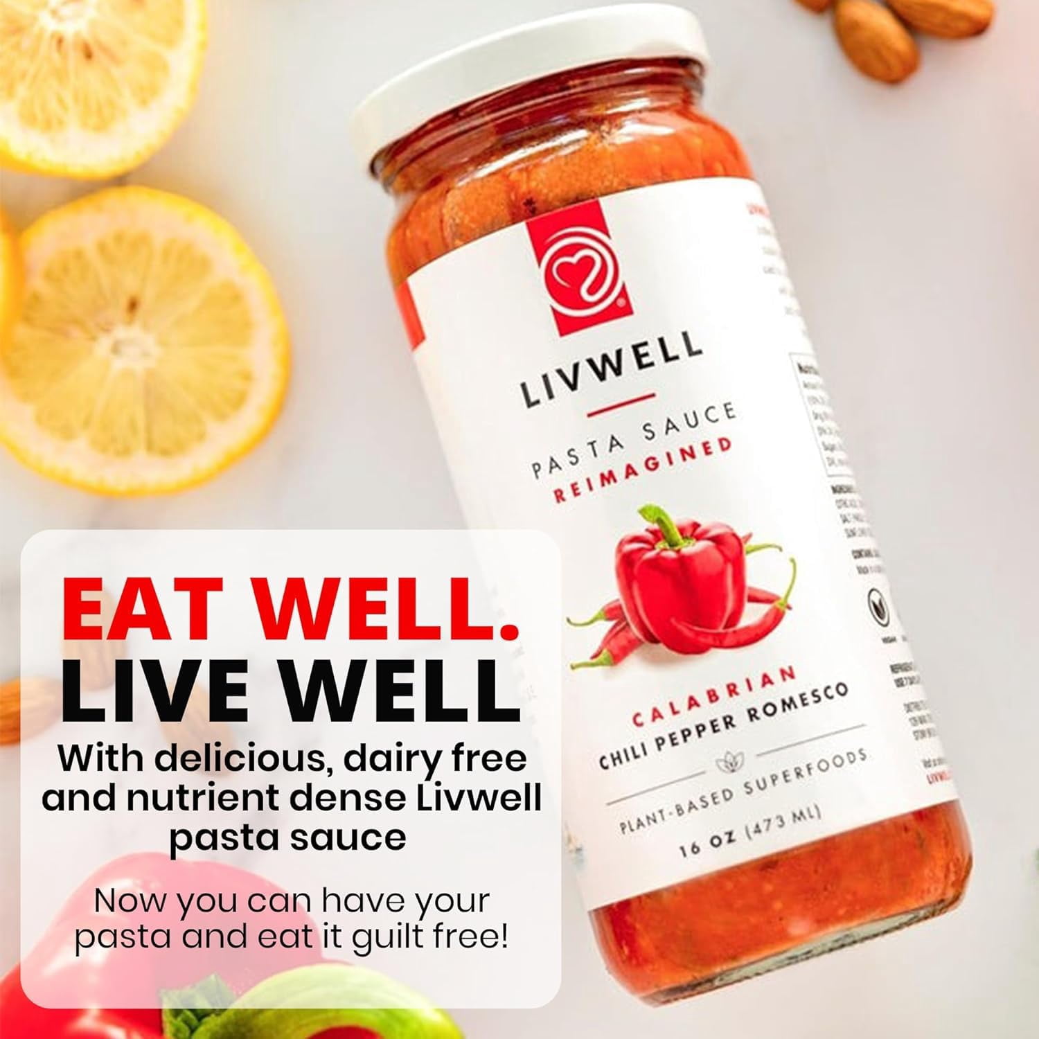LIVWELL Calabrian Chili Pepper Romesco Pasta Sauce, Vegan, Dairy Free, Spicy, 16 oz