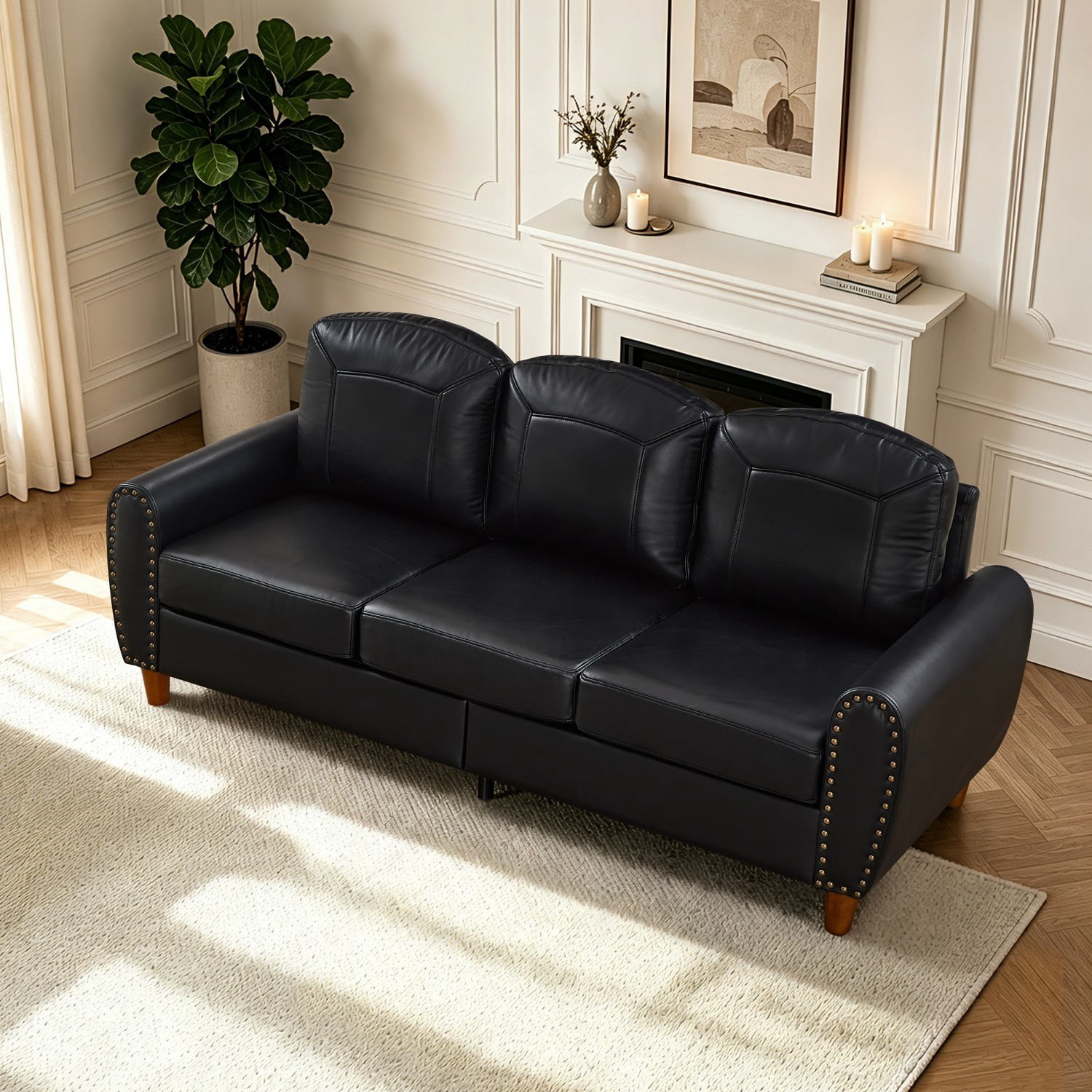 81.5" Classic Faux Leather Sofa Couch Rolled Arm Upholstered PU Leather Living Room Sofa with Solid Wood Legs, 3 Seater Couch for Home Office, Black