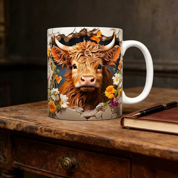 Meggemo Highland Cow Ceramic Coffee Mug Gift Box Animal Print Cup 15oz Novelty Drinkware Scottish Cattle Pattern Microwave Safe Dishwasher Safe