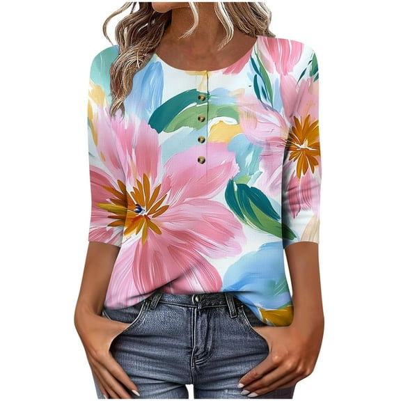 DeHolifer Women's Tops 3/4 Sleeve Crewneck Button Floral Printed Summer Lightweight Trendy Casual Tee T-Shirts Pink 2XL