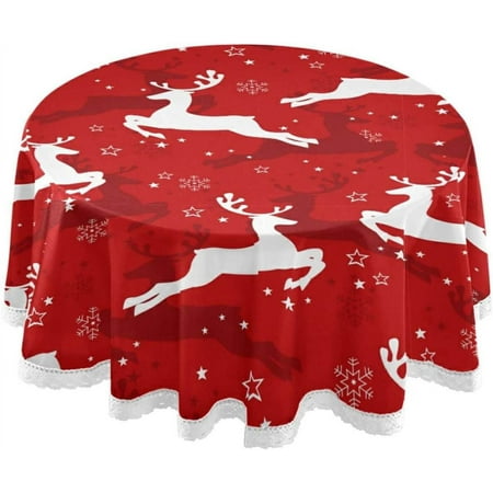 SKYSONIC Christmas Reindeer Snowflake Tablecloth Round Tablecloths Polyester Tablecover Cloths Washable Tabletop Runner Kitchen Party Picnic Dining Home Decor 60inch