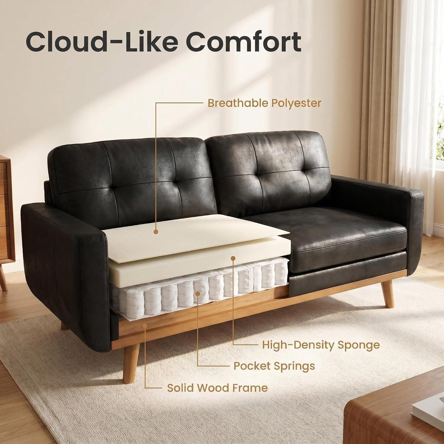 MOONMISS 65" Loveseat Couch, Modern Small Sofa With Walnut Wood Legs 2-seater Fabric Upholstered Mini Sofa Couches For Small Space,living Room Bedroom Office Dorm Apartment,Black