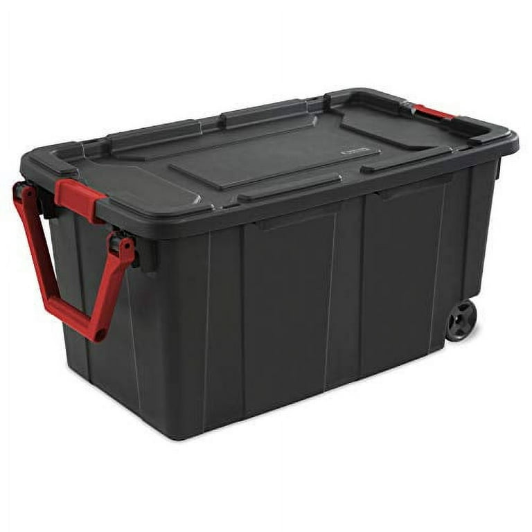 Sterilite 14699002 40 Gallon/151 Liter Wheeled Industrial Tote, Black Lid &  Base w/ Racer Red Handle & Latches, 2-Pack