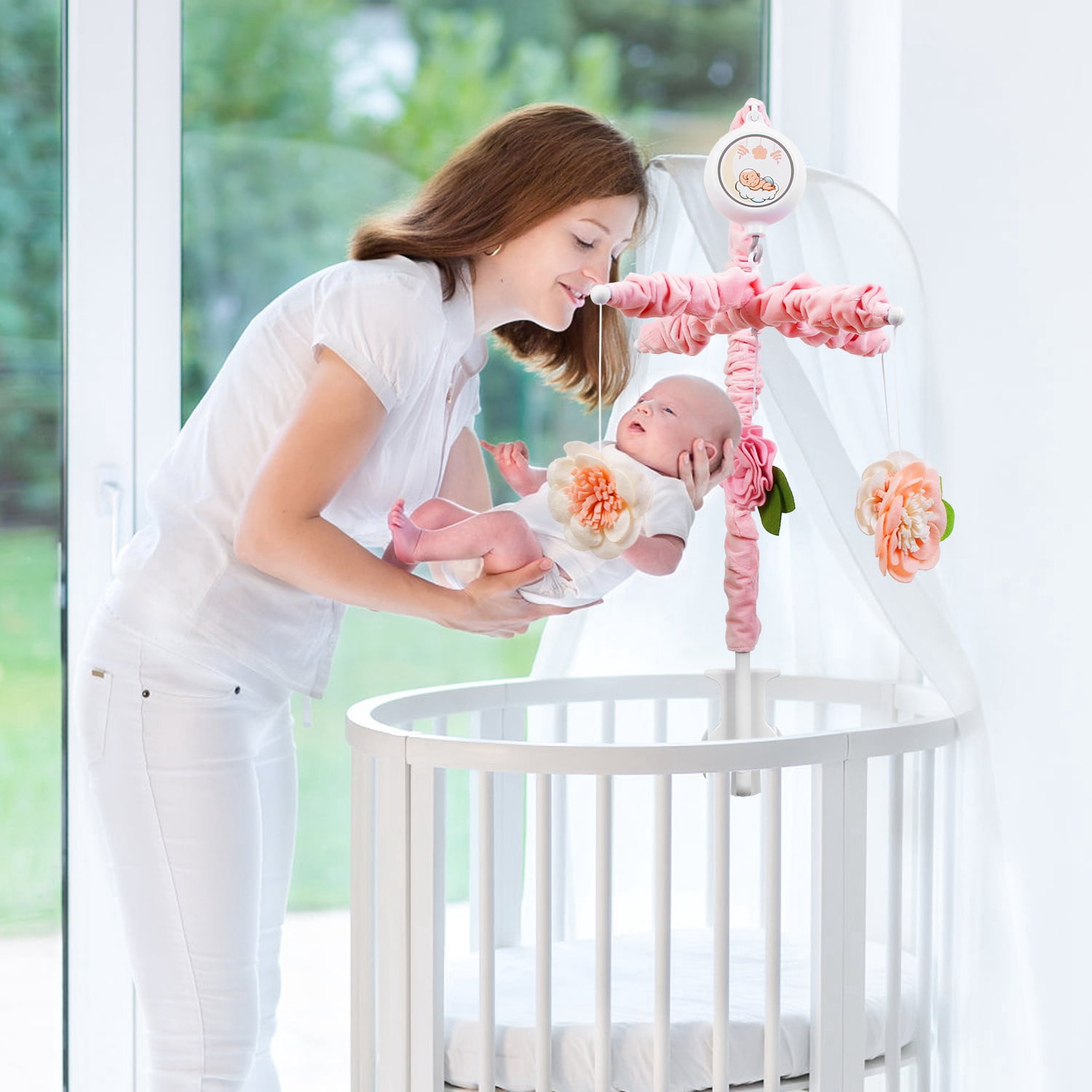 Moclever Baby Mobile for Crib, Nursery Mobiles Baby Musical Crib Bed Bell with 12 Melodies 5 Flower Rattles 3 Modes Volume Adjustment for Girl Newborn Gift, Pink