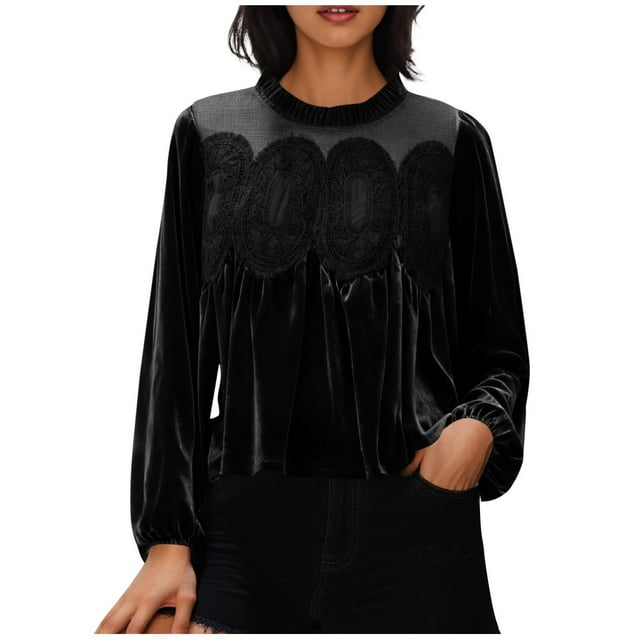Sentmoon Vêtements pour Femmes Vêtements Automne et Hiver Haut en Velours à Panneaux en Dentelle avec Col Rond et Manches Longues pour Activités Extérieures et Randonnée Noir TTG