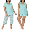 Carole Hochman Ladies' 4-Piece Cotton Pajama Set Short Sleeve Top, Tank Top, Short, and Capri Pant with Pocket, Solid and Floral Sleepwear for Women (XXL, Light Blue)