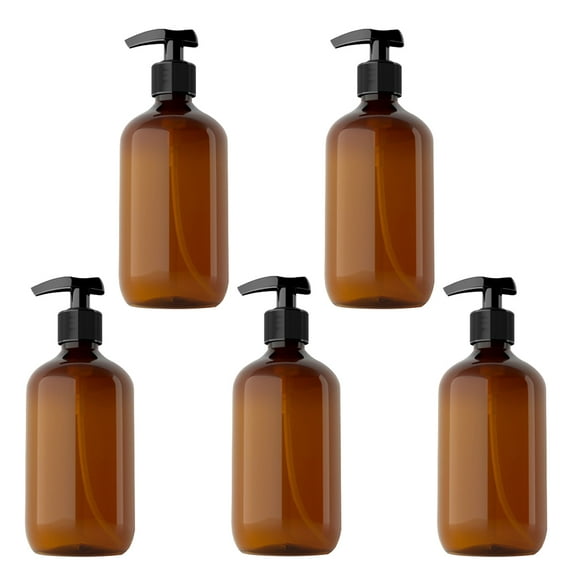 FRCOLOR 5Pcs Amber Pump Bottles 500ml Empty Bottles with Pump Dispenser Refillable for Shampoo Body Wash,1.97"X1.97"X2.36"