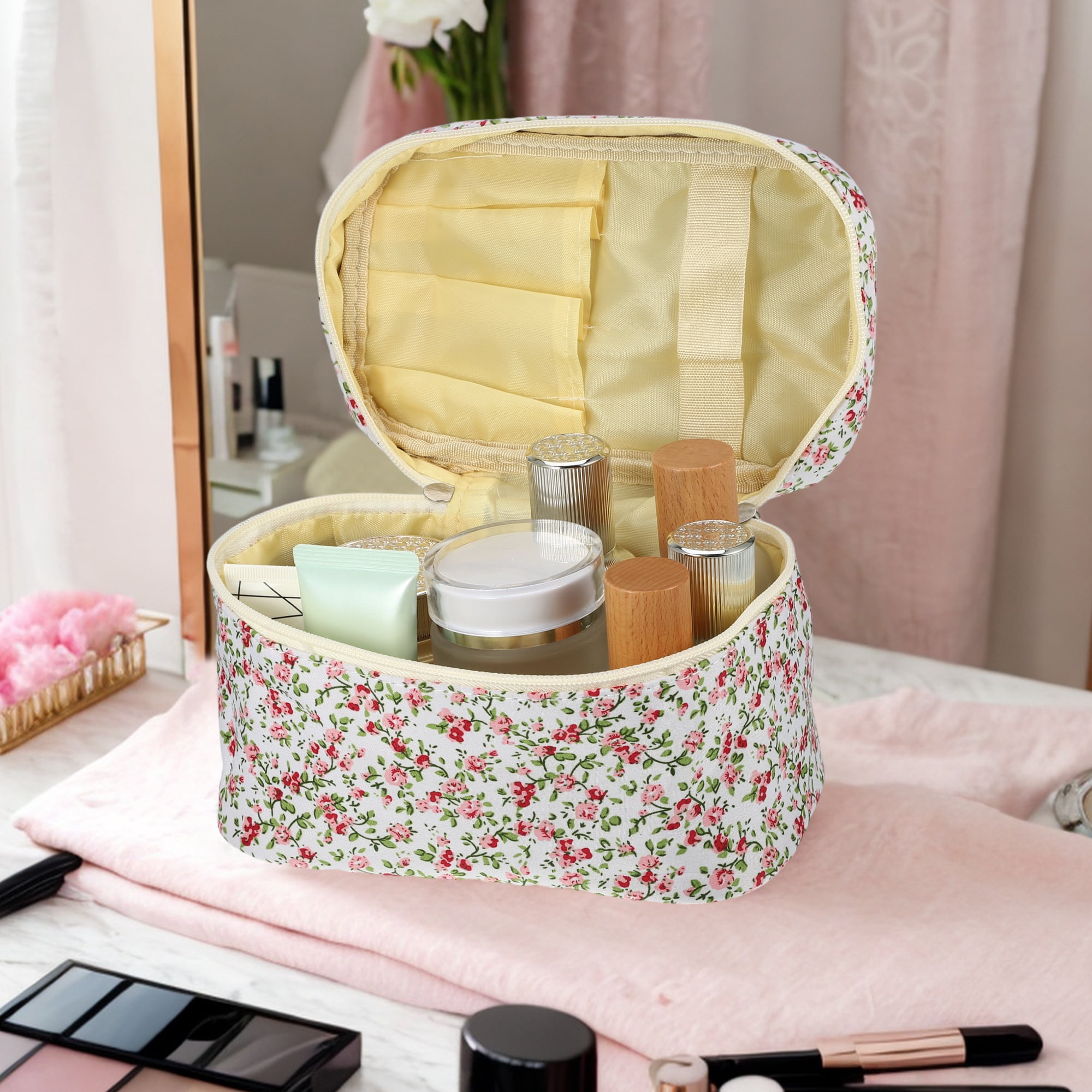 Unique Bargains 1Pc Beautiful Floral Storage Cosmetic Bag for Women's Toiletry Light Pink