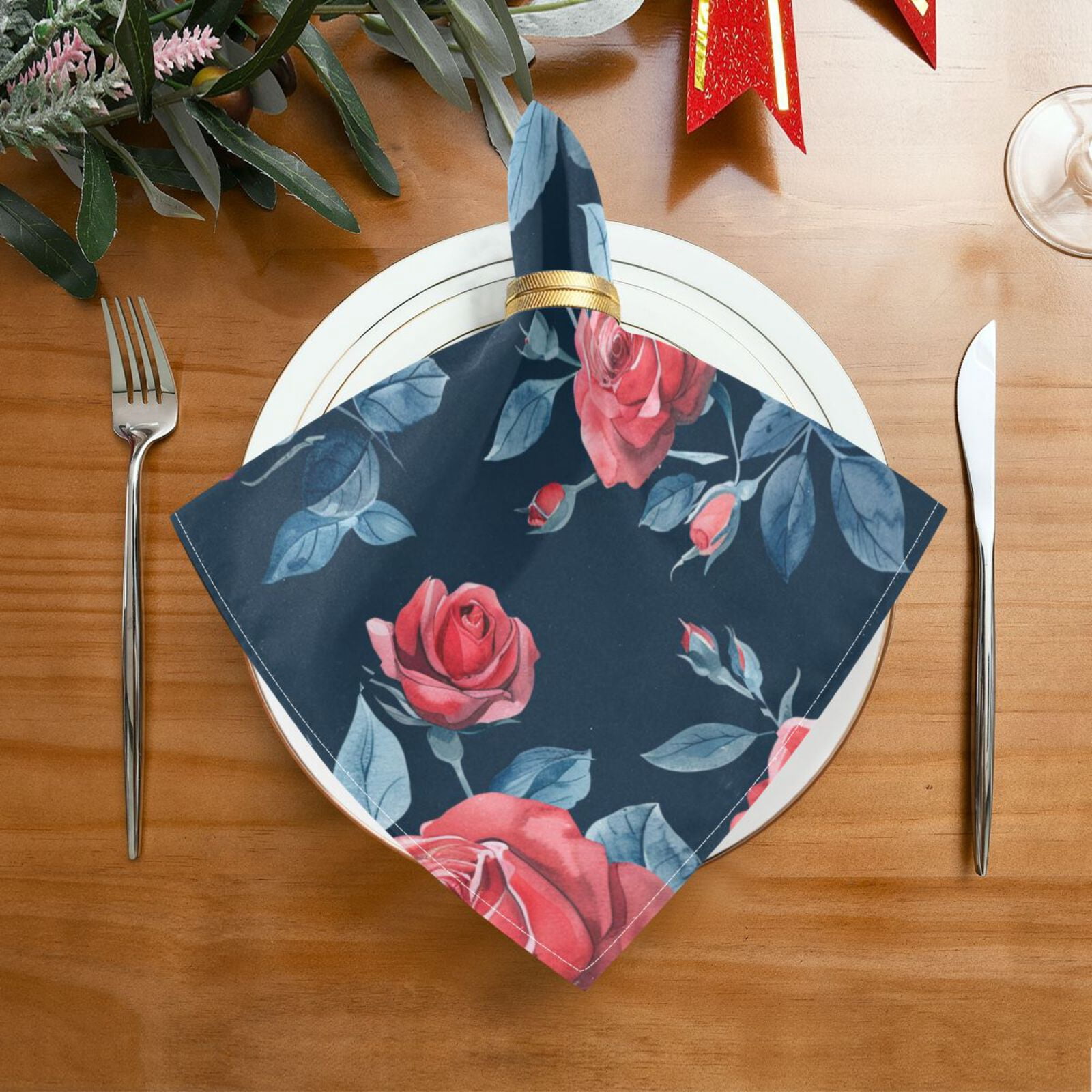 JSTEL Vintage Red Rose Flower Cloth Napkins Set of 6, 20x20 Inch Washable and Reusable Napkin for Decoupage Dinner Party Everyday Use