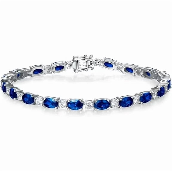 Beautiful 12 Ct Oval Cut Simulated Blue Sapphire Women's Engagement Tennis Bracelet 14K White Gold Plated 925 Sterling Silver 7"