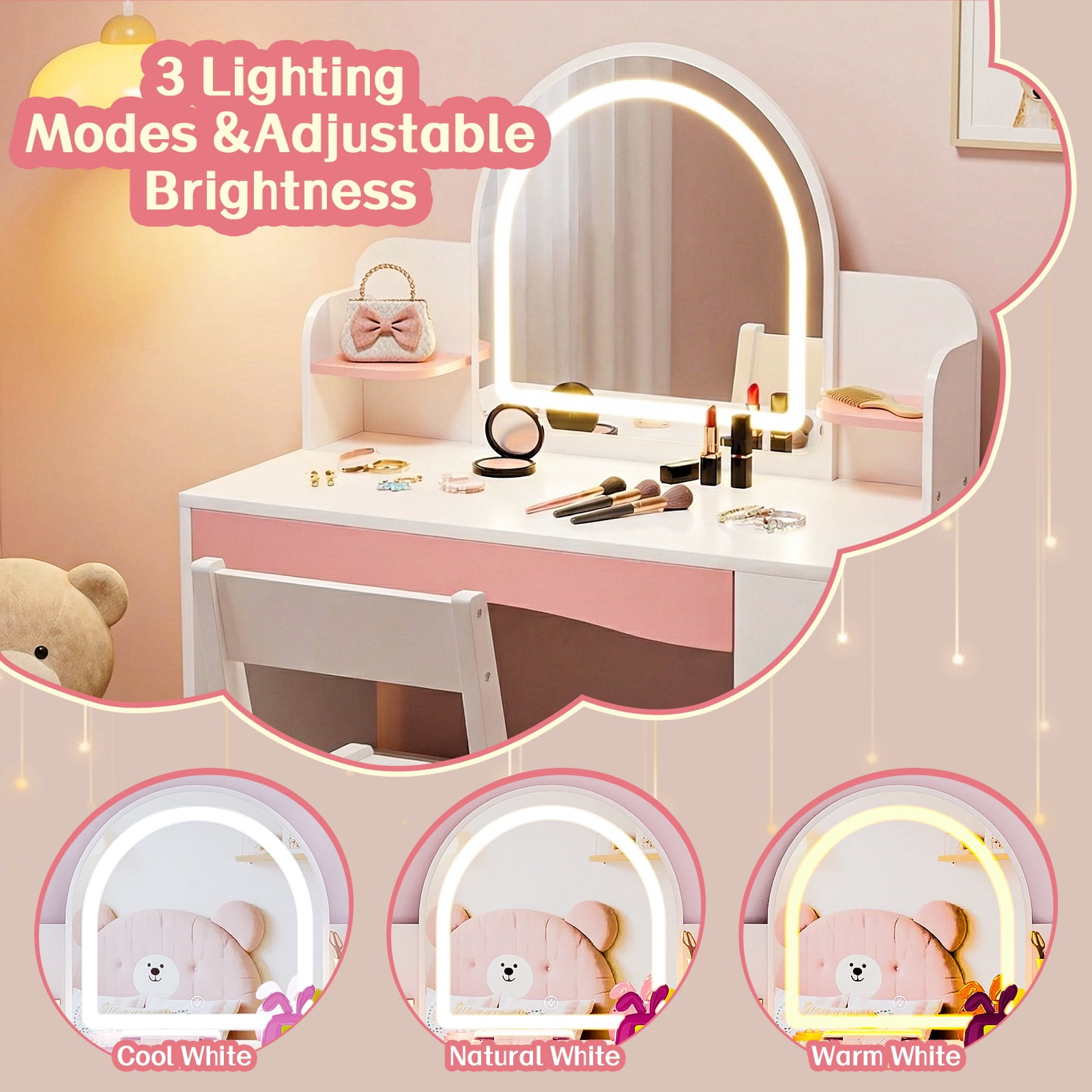 Haewon 27.5" Kids White Vanity with Lighted Mirror & Charging Station, Kids Vanity Table and Chair Set with Storage Cabinet & Drawers, Vanity for Kids, White