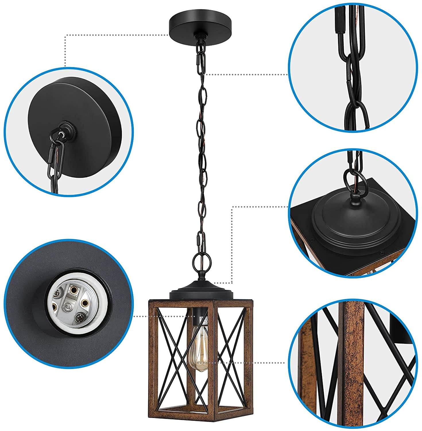 EDISHINE Pendant Lighting for Kitchen Island, Adjustable Height, Rustic Hanging Light Fixtures for Hallway, Metal Hanging Dining Room Lamp, Brown