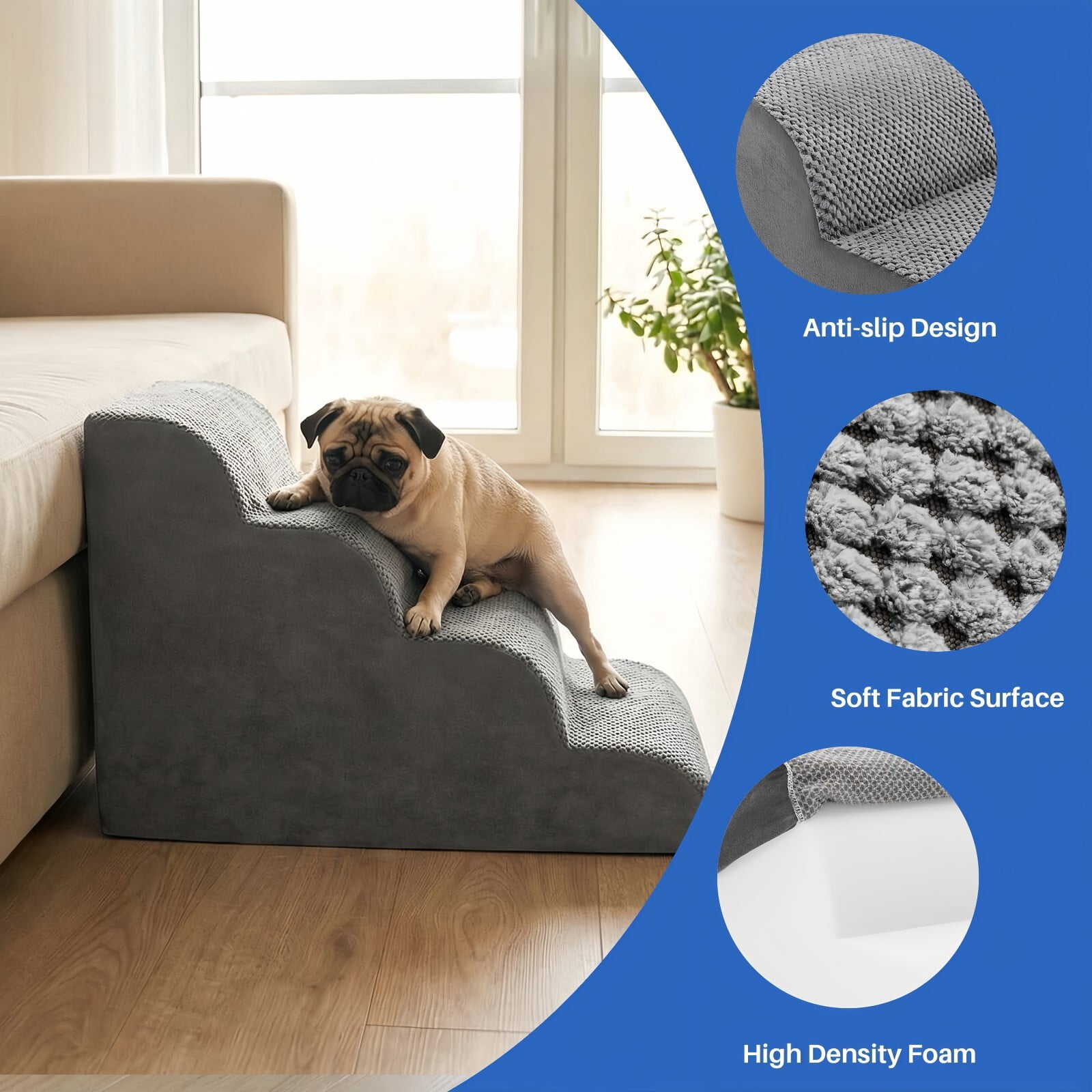 Kelno 20" Tall Dog Stair Foldable Foam Rounded Corner Pet Steps with Removable Washable Cover, Gray