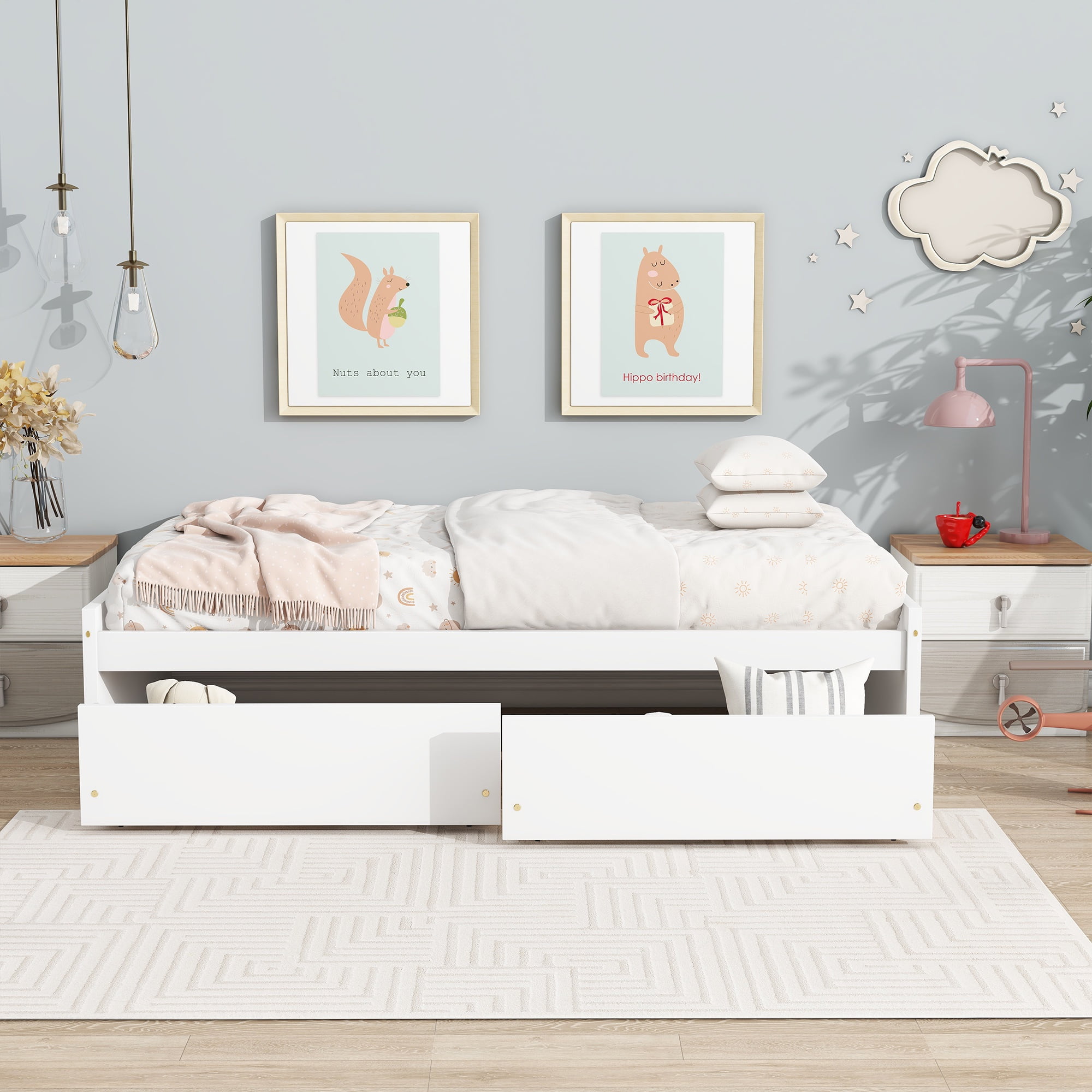 PORKISS Twin Bed Frame, Solid Wood Platform Bed with 2 Drawers, Pine Wood Bed for Kids Teens Adults, No Box Spring Needed, White
