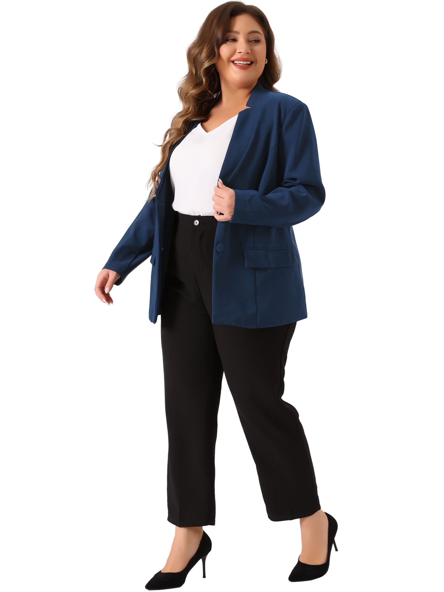 DARING DIVA Women's Plus Business Suit Blazer Button Work Blazer Jacket 1X Navy Blue