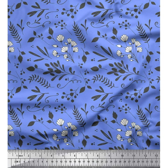 Soimoi Blue Moss Georgette Fabric Berries & Leaves Print Fabric by Yard 44 Inch Wide