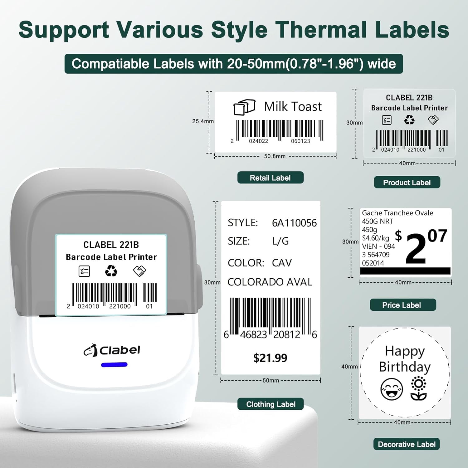 Thermal Label Maker Machine 221B Mini Portable Label Printer Thermal Labeling Printing Machine Sticker Bluetooth Label Printer Barcode Inkless Labelmaker for Price Logo Clothing (Gray White)